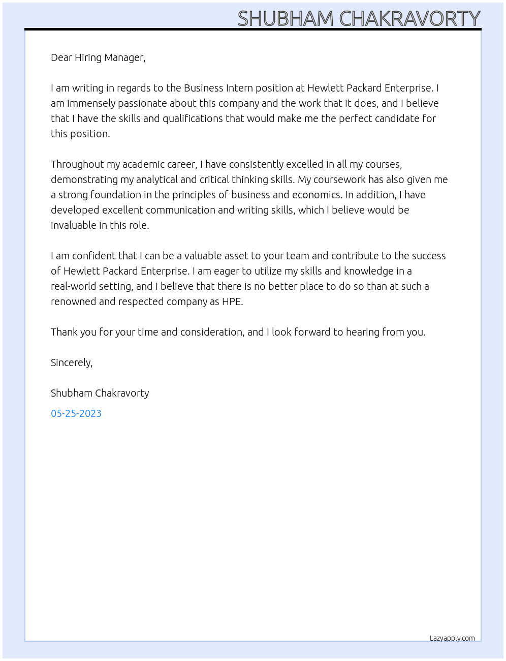 Business Intern At Hewlett Packard Enterprise Cover Letter