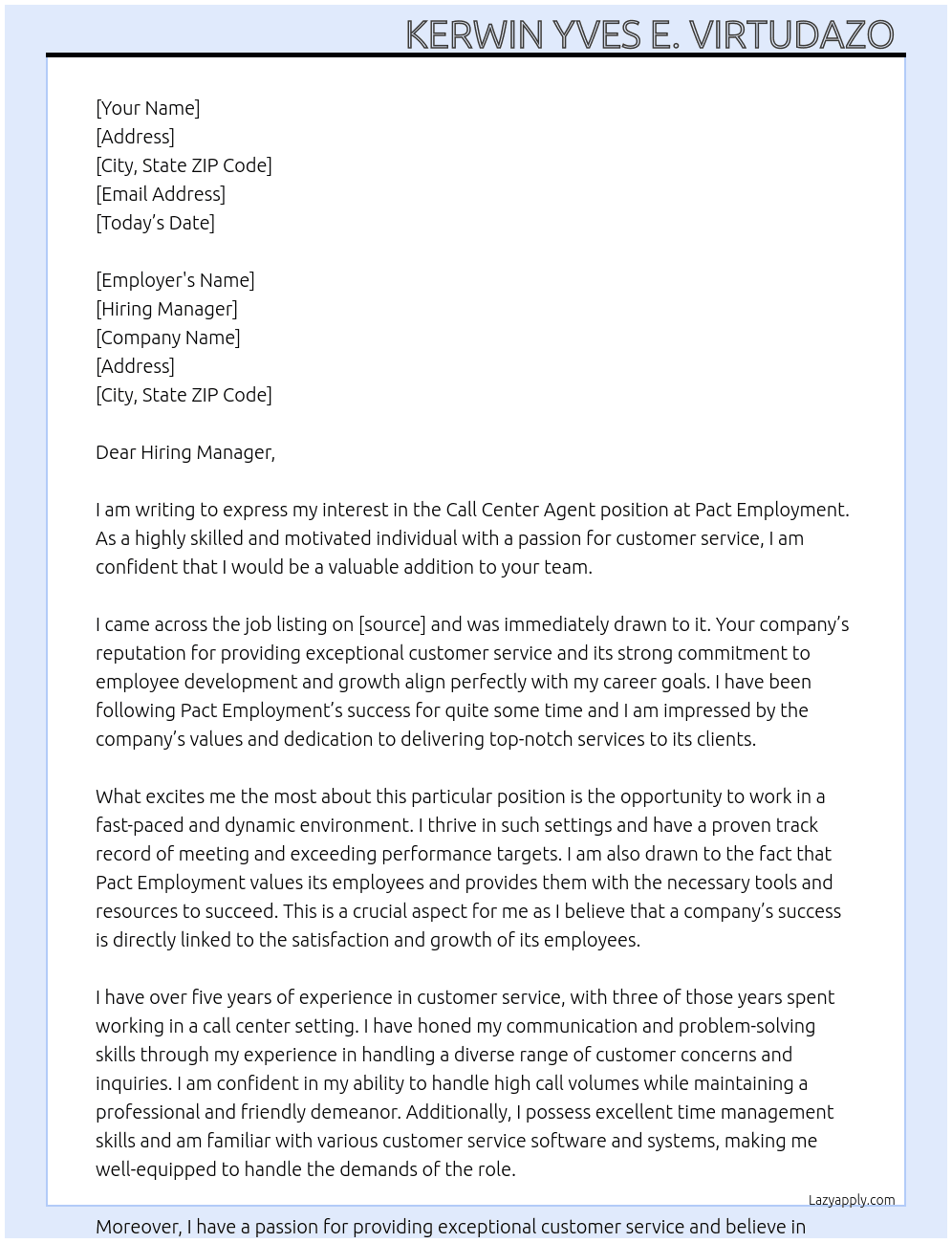 Call Center Agent  At Pact Employment  Cover Letter