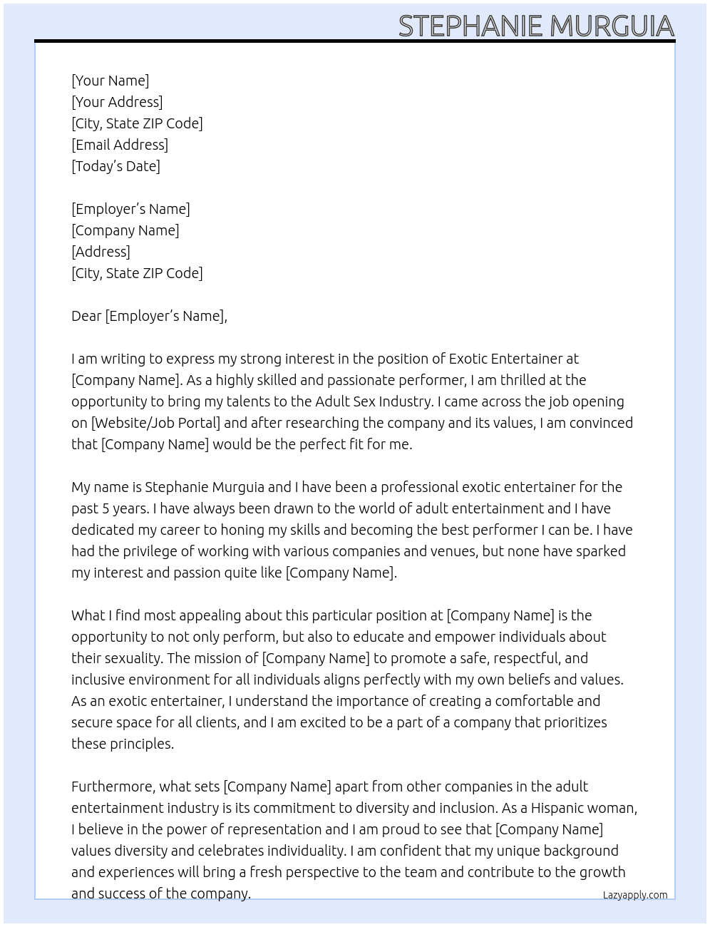 Exotic Entertainer At Adult sex industry Cover Letter