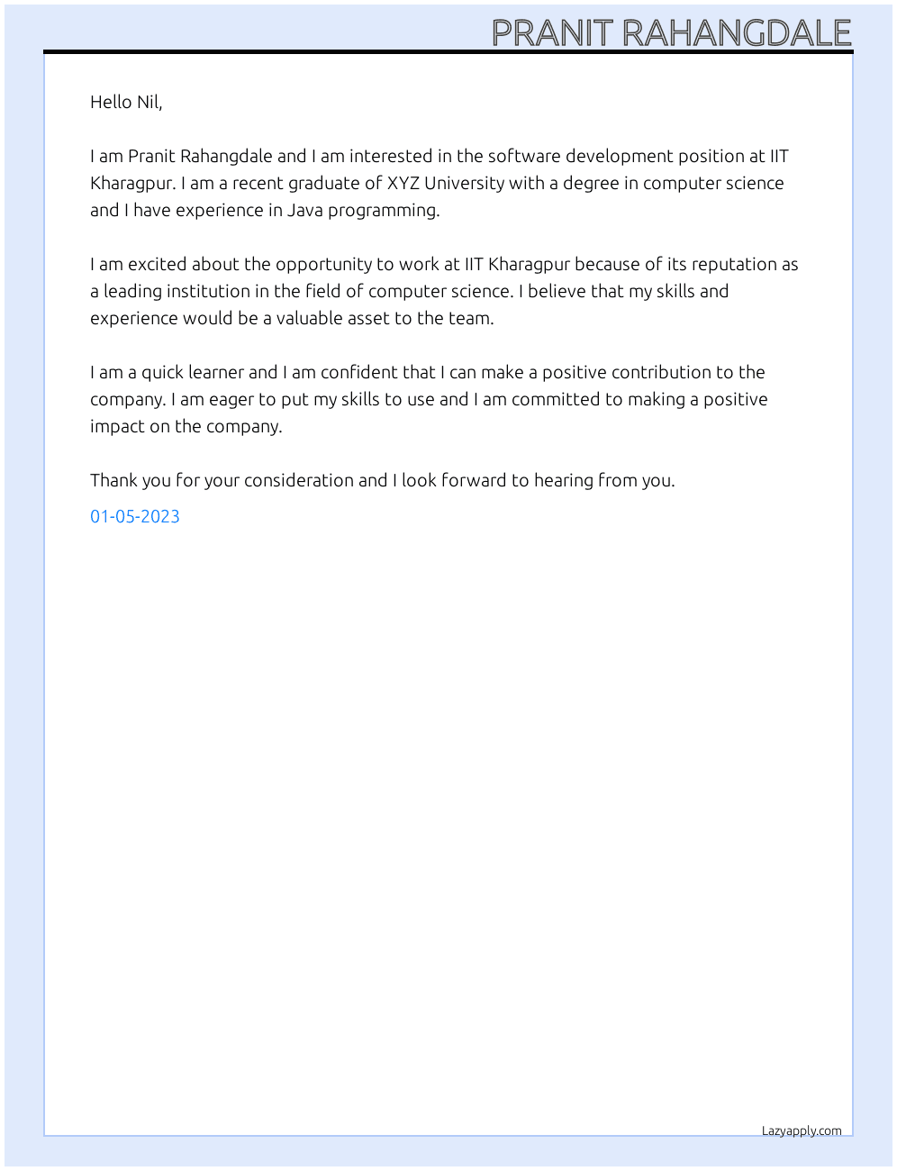 Software Development At IIT Kharagpur  Cover Letter