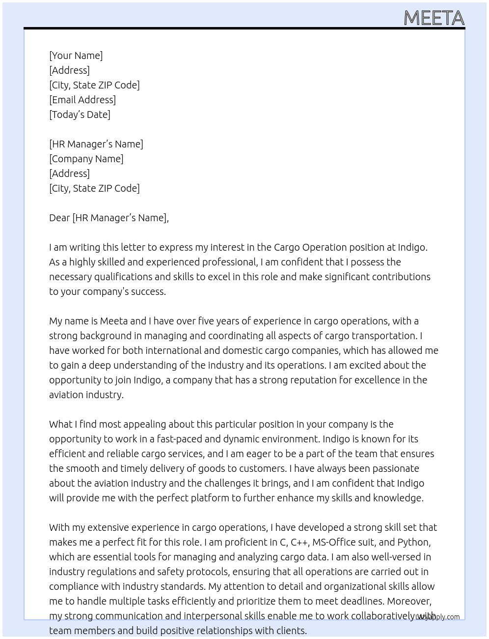 Cargo Operation  At indigo Cover Letter