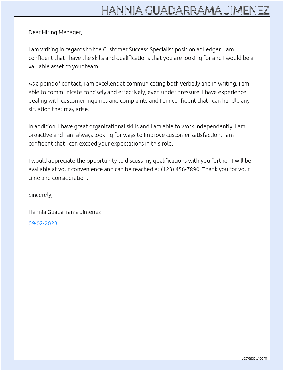 Customer Success Specialist At Ledger Cover Letter