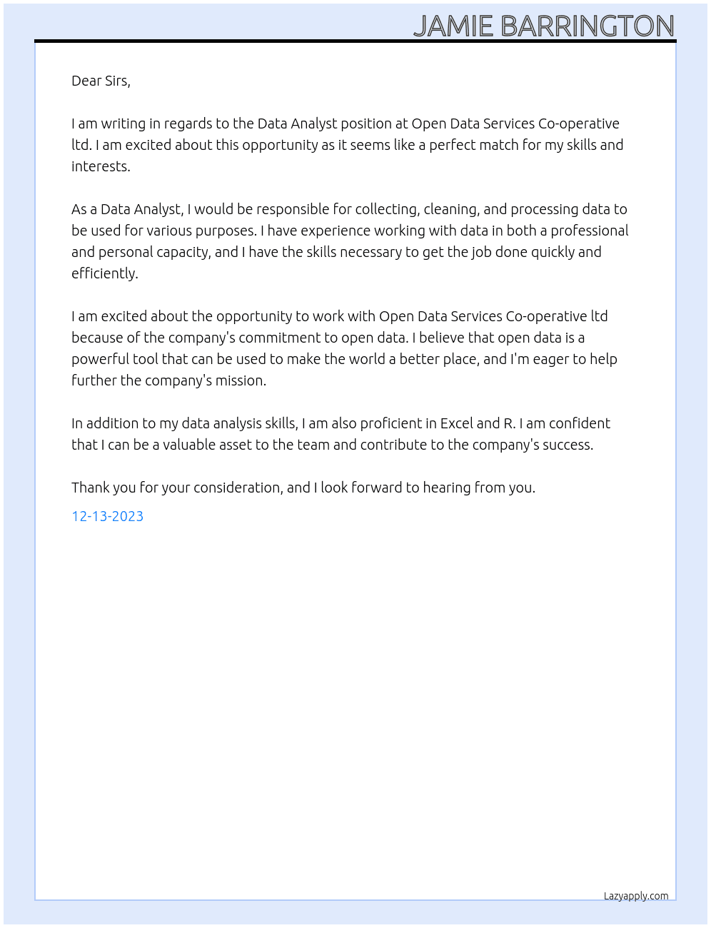 Data Analyst  At Open Data Services Co-operative ltd Cover Letter
