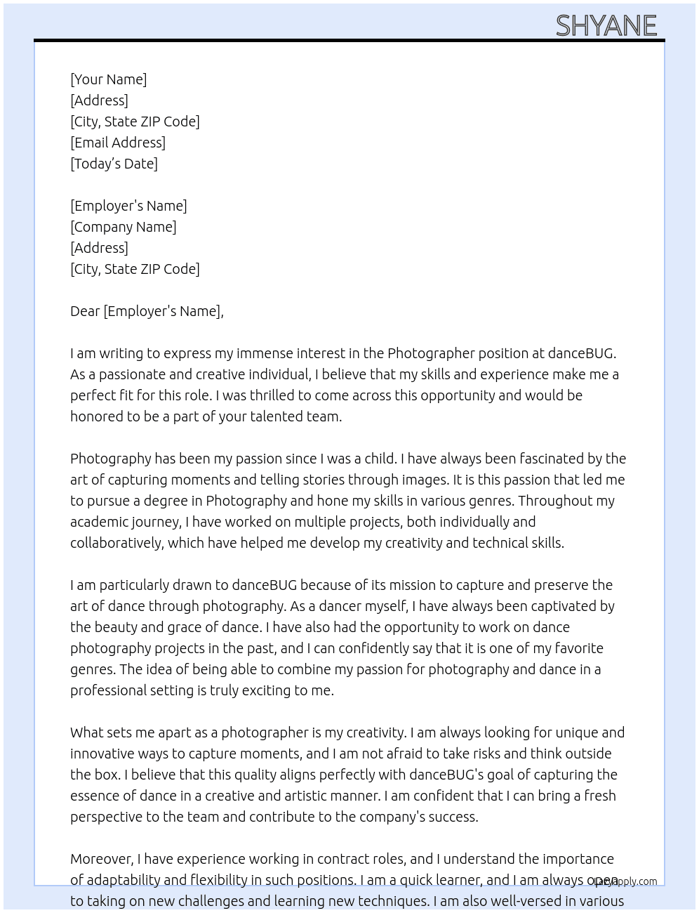 Photographer At danceBUG Cover Letter