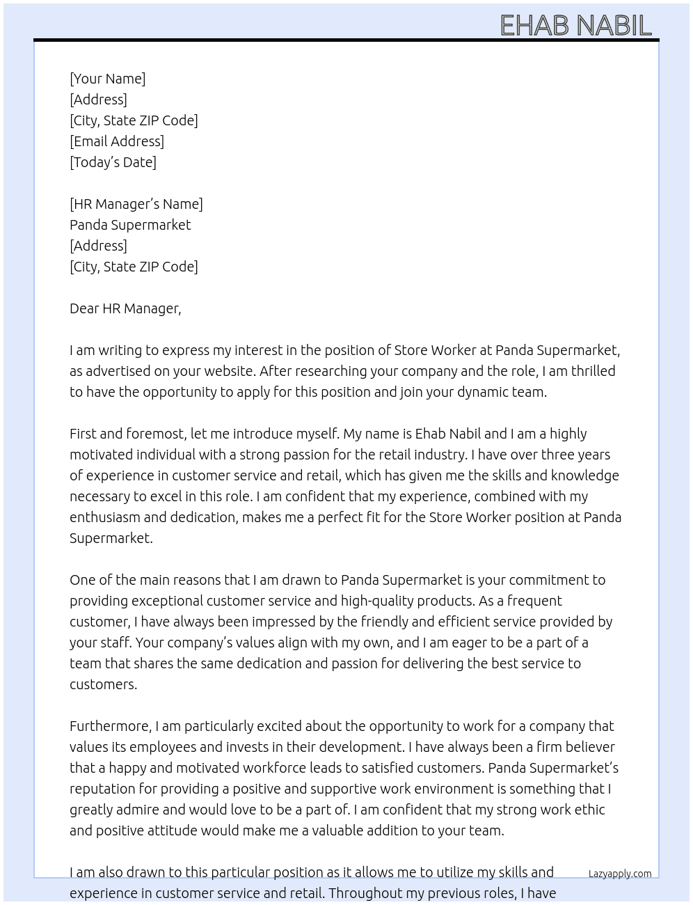 Store Worker  At Panda supermarket  Cover Letter