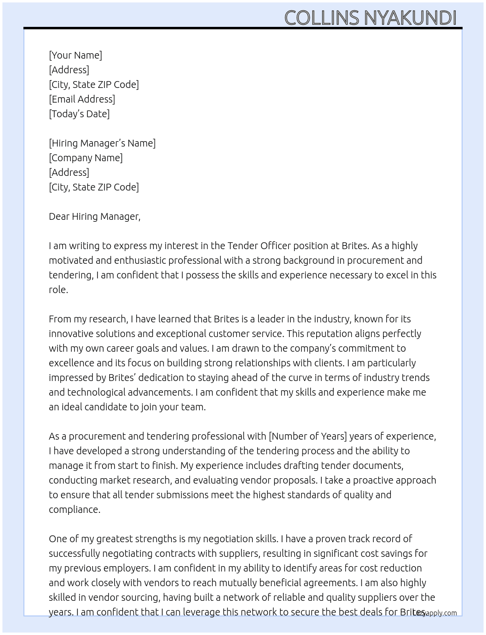 Tender Officer  At Brites  Cover Letter