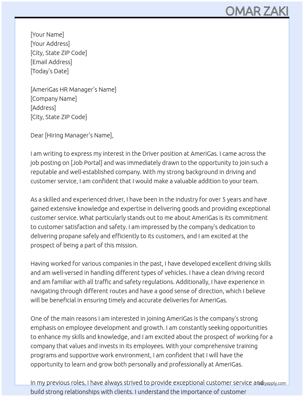 Driver At AmeriGas Cover Letter