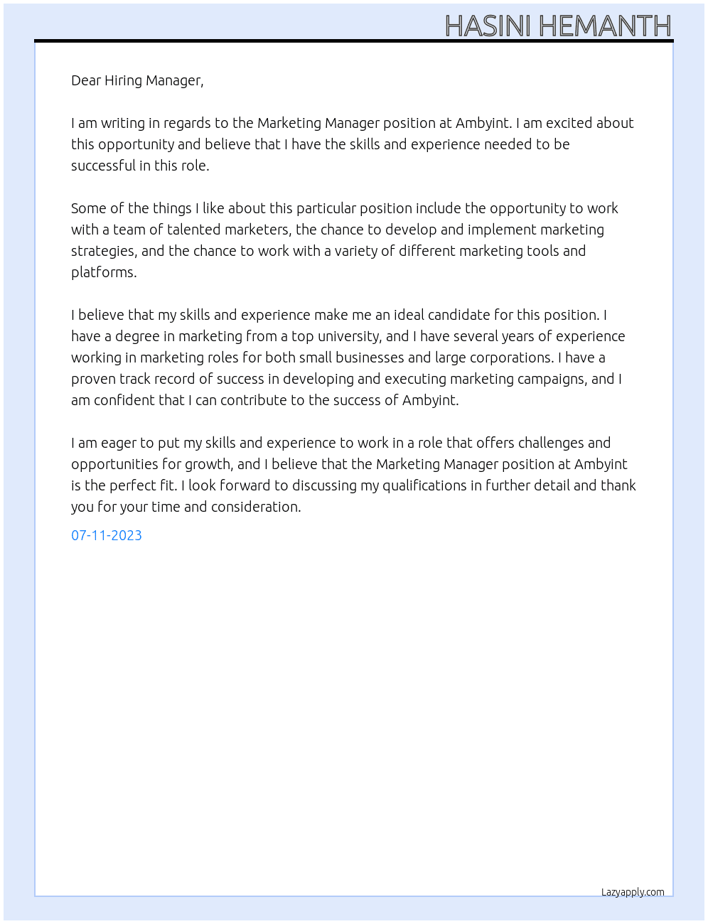 Marketing Manager At Ambyint Cover Letter