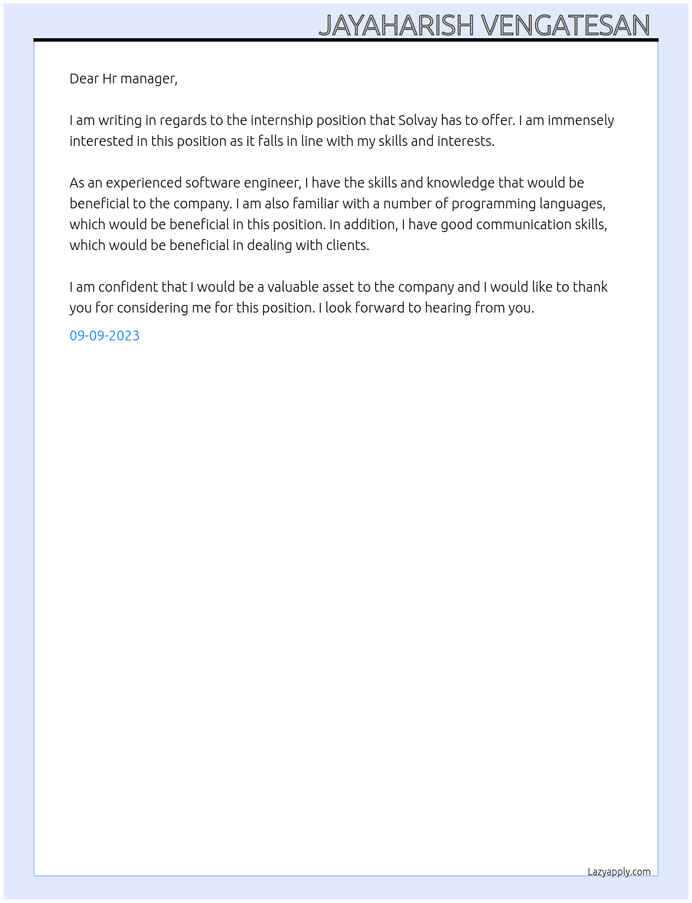 Internship At Solvay Cover Letter