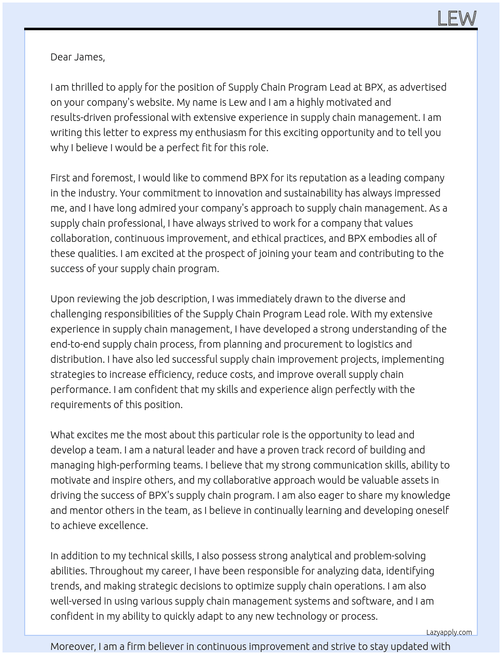 Supply Chain Program Lead At bpx Cover Letter