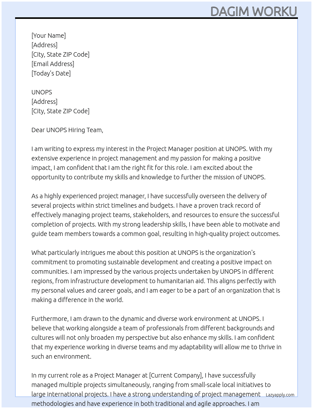 Project Manager At UNOPS Cover Letter