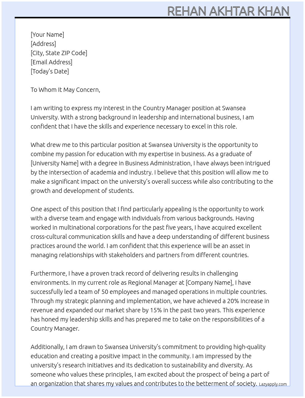 Country Manager  At Swansea University Cover Letter