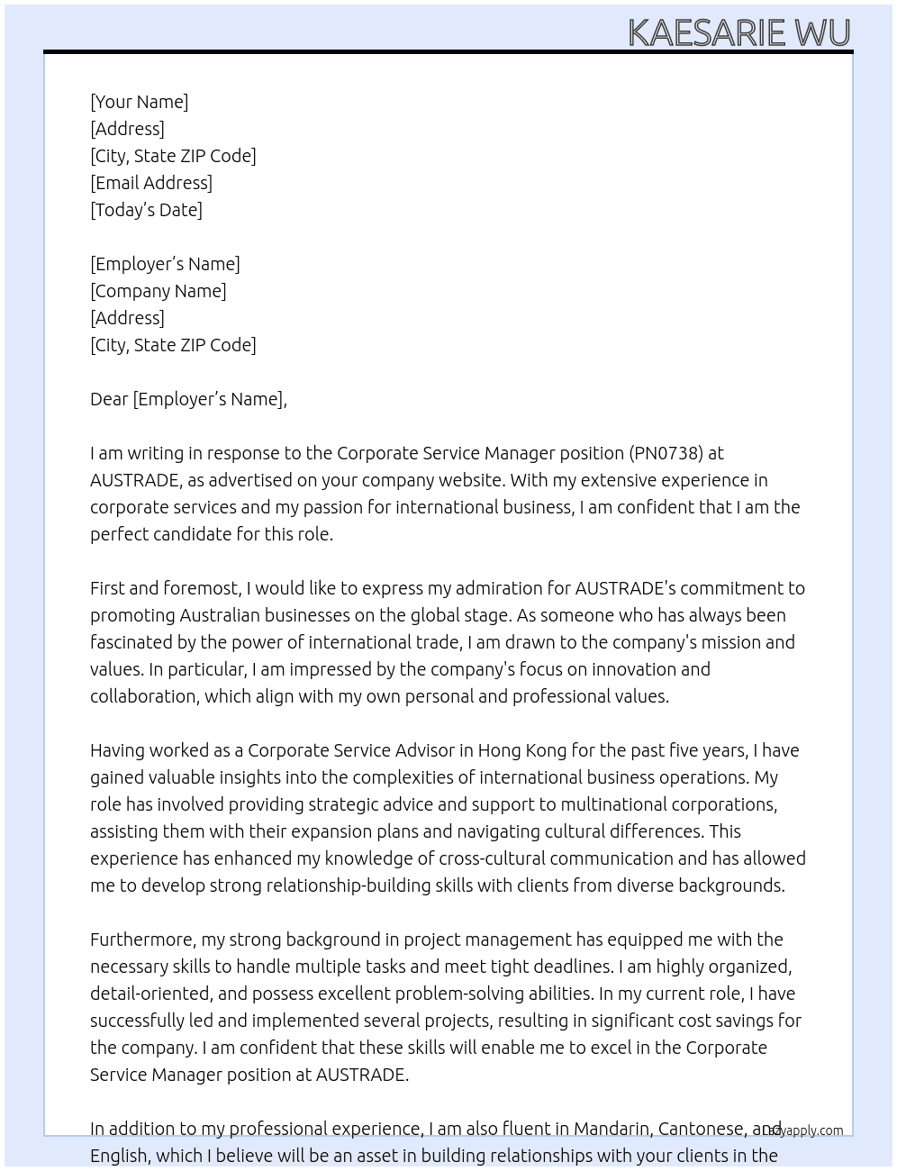 Corporate Service Advisor Hongkong At AUSTRADE Cover Letter