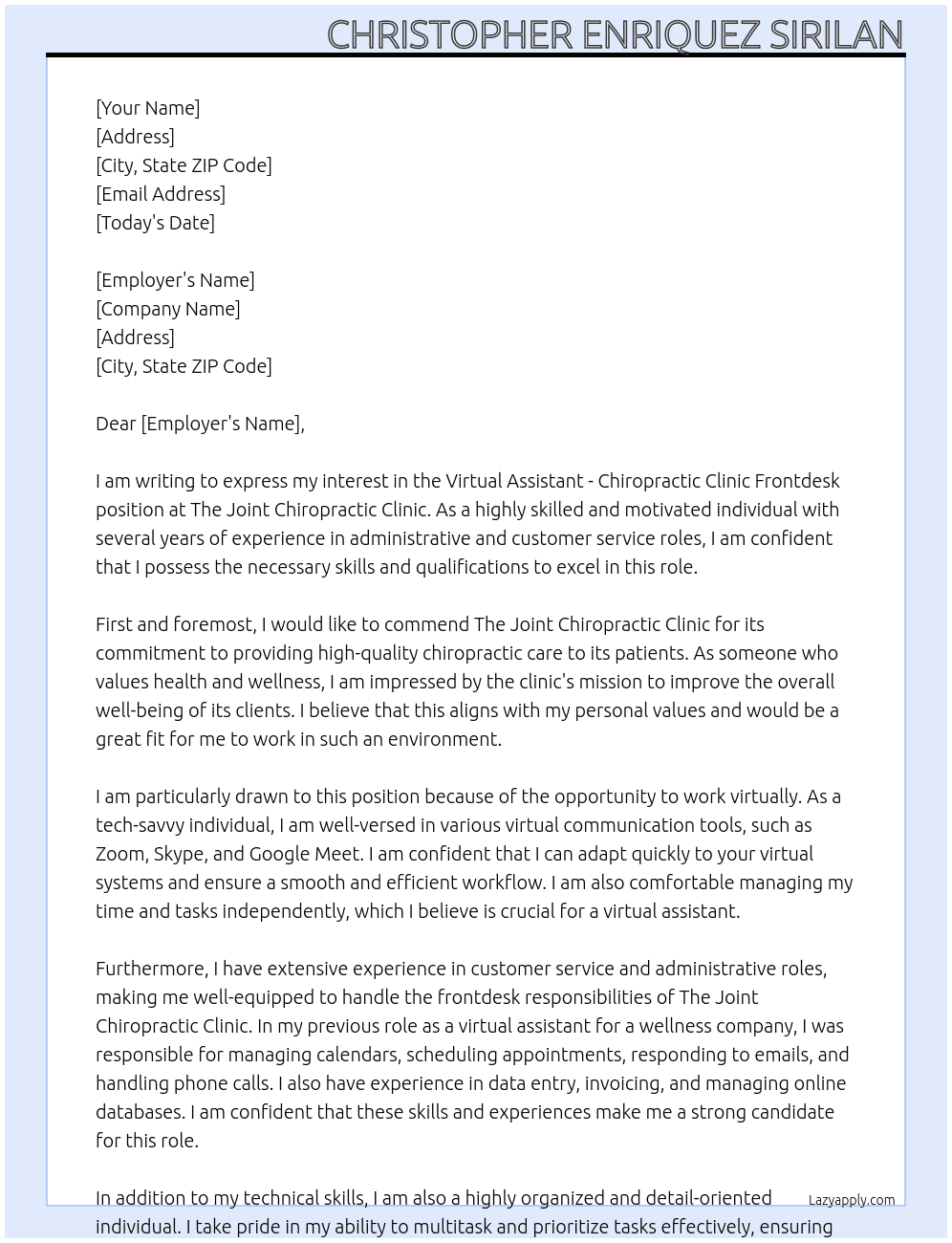 Virtual Assistant - Chiropractic Clinic Frontdesk At The Joint Chiropractic Clinic Cover Letter