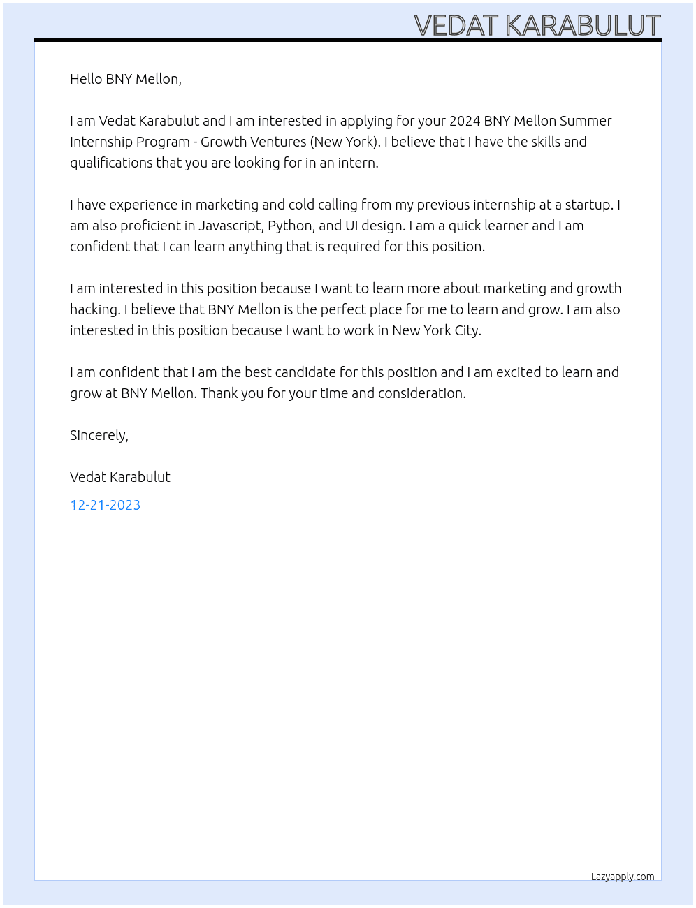  2024 BNY Mellon Summer Internship Program - Growth Ventures (New York) At BNY Melon Cover Letter