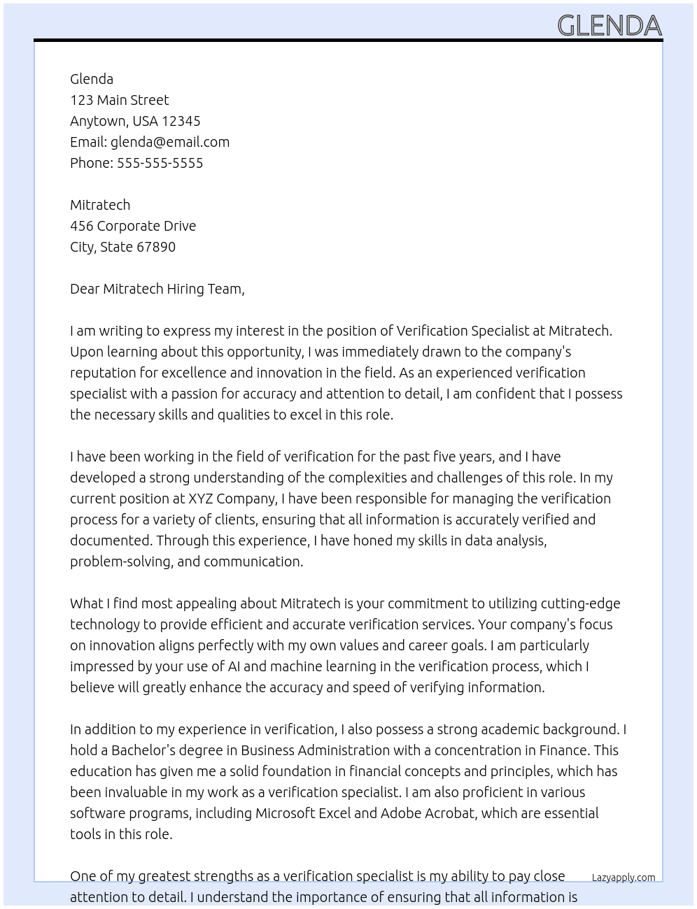 Verification specialist  At Mitratech Cover Letter