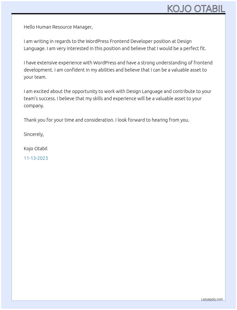 WordPress Frontend Developer At Design Language Cover Letter