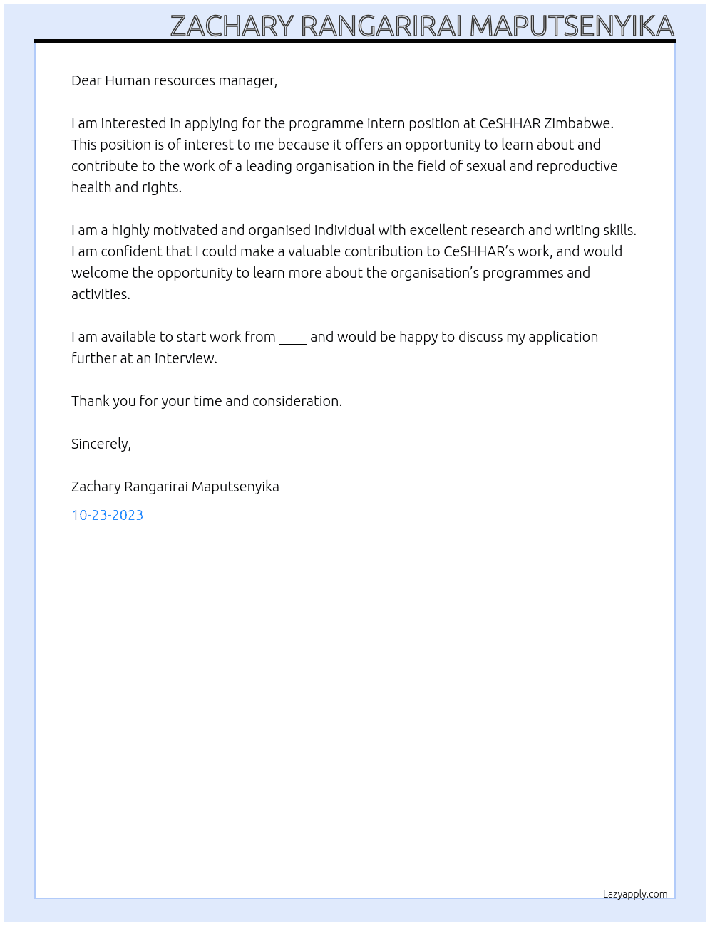 Programme intern At CeSHHAR Zimbabwe Cover Letter