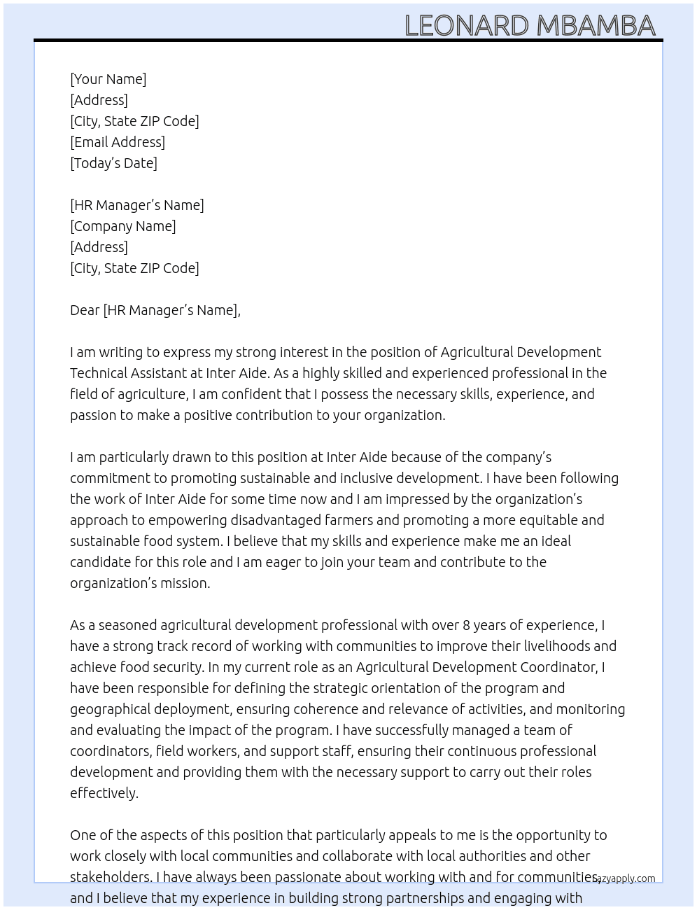 AGRICULTURAL DEVELOPMENT TECHNICAL ASSISTANT At Inter Aide Cover Letter