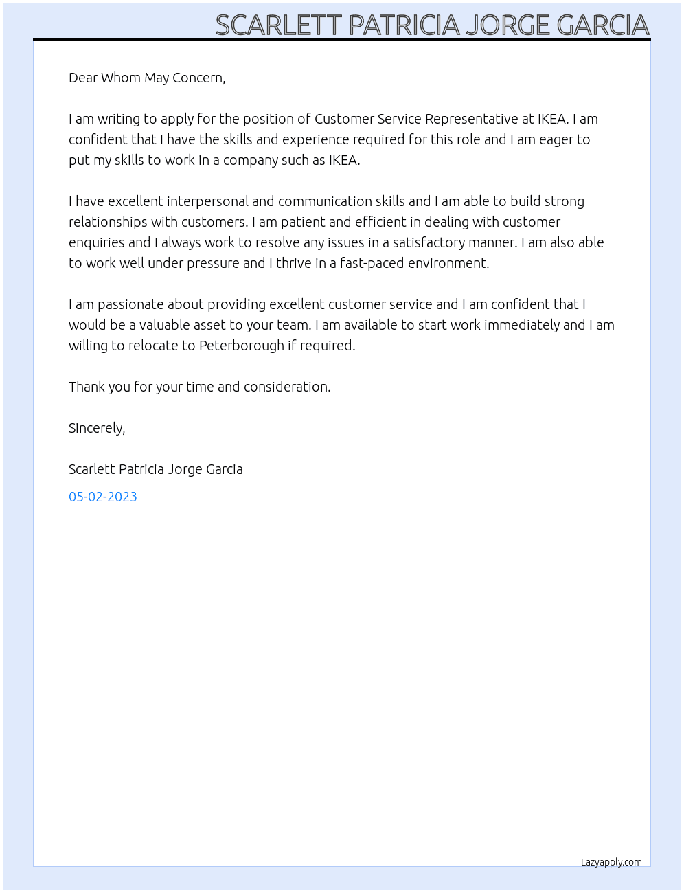 costumer service At IKEA Cover Letter
