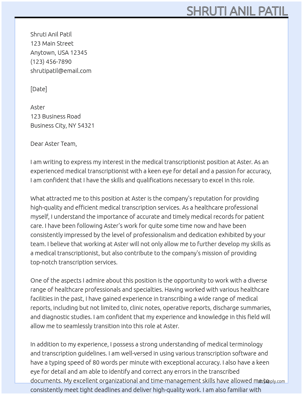 medical transcripationist At aster Cover Letter