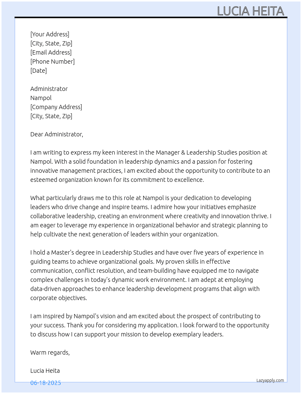 Manager & leadership studies At Nampol Cover Letter