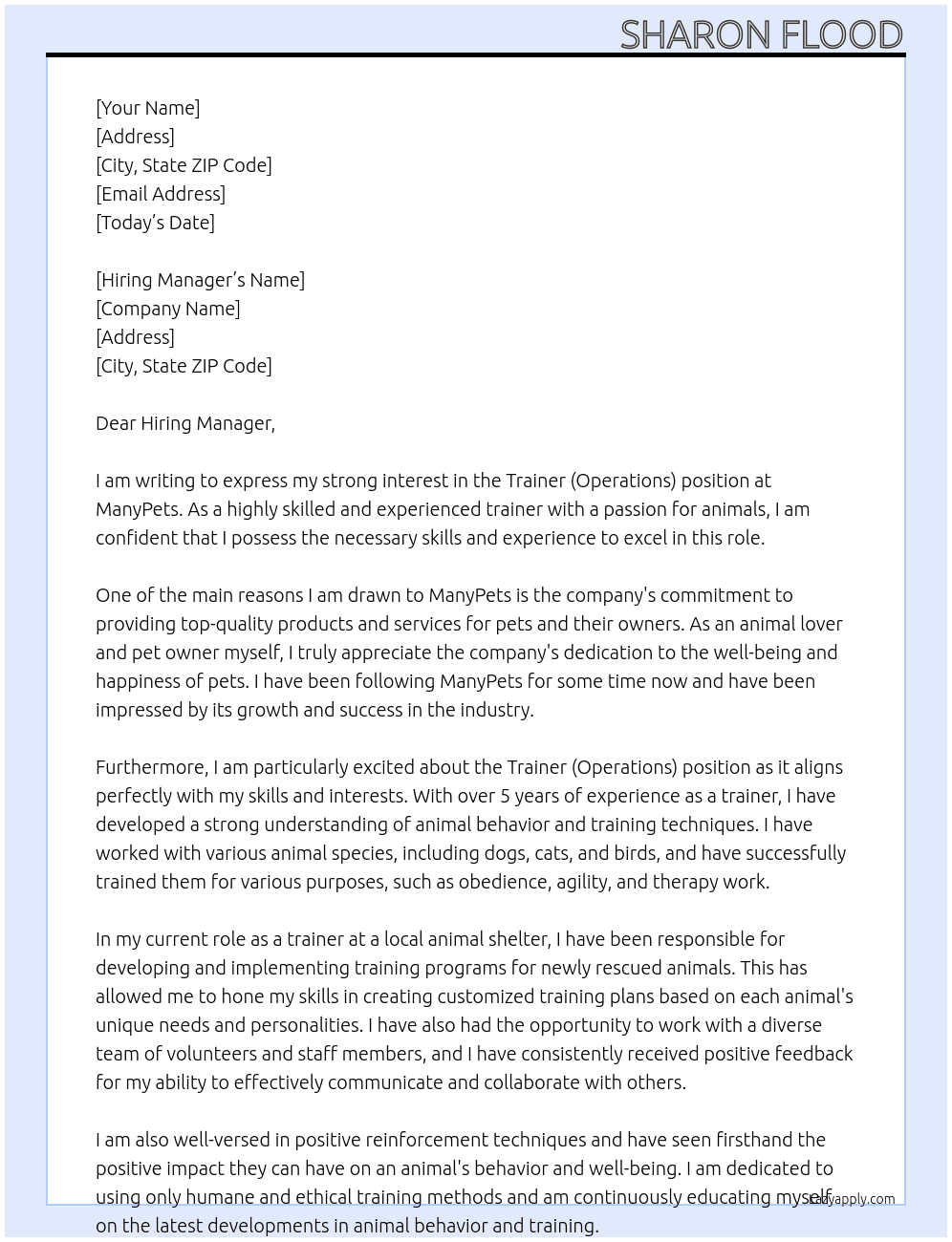 Trainer (Operations) At ManyPets Cover Letter
