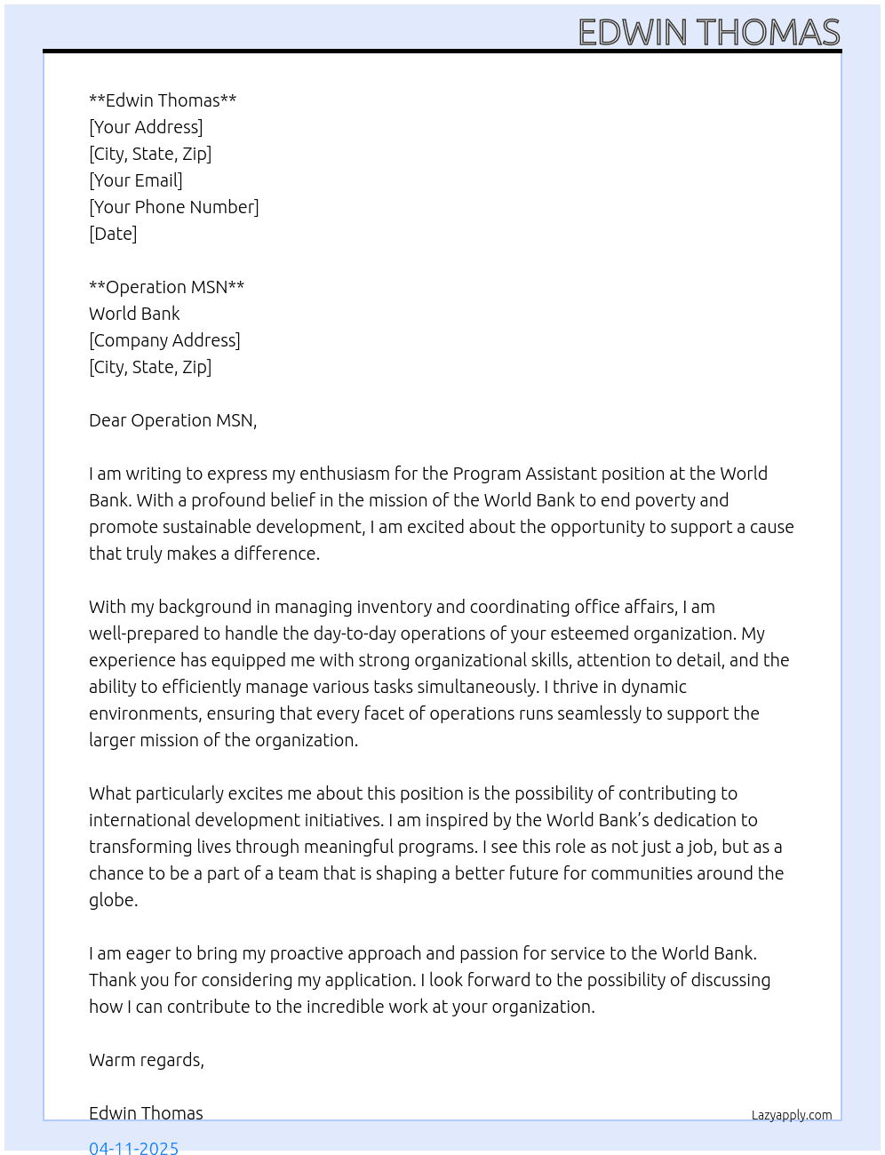 Program assistant  At World bank Cover Letter