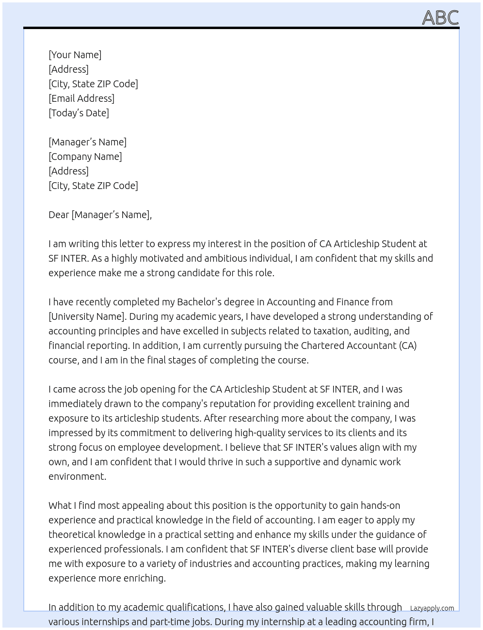 CA Articleship Student At SF INTER Cover Letter