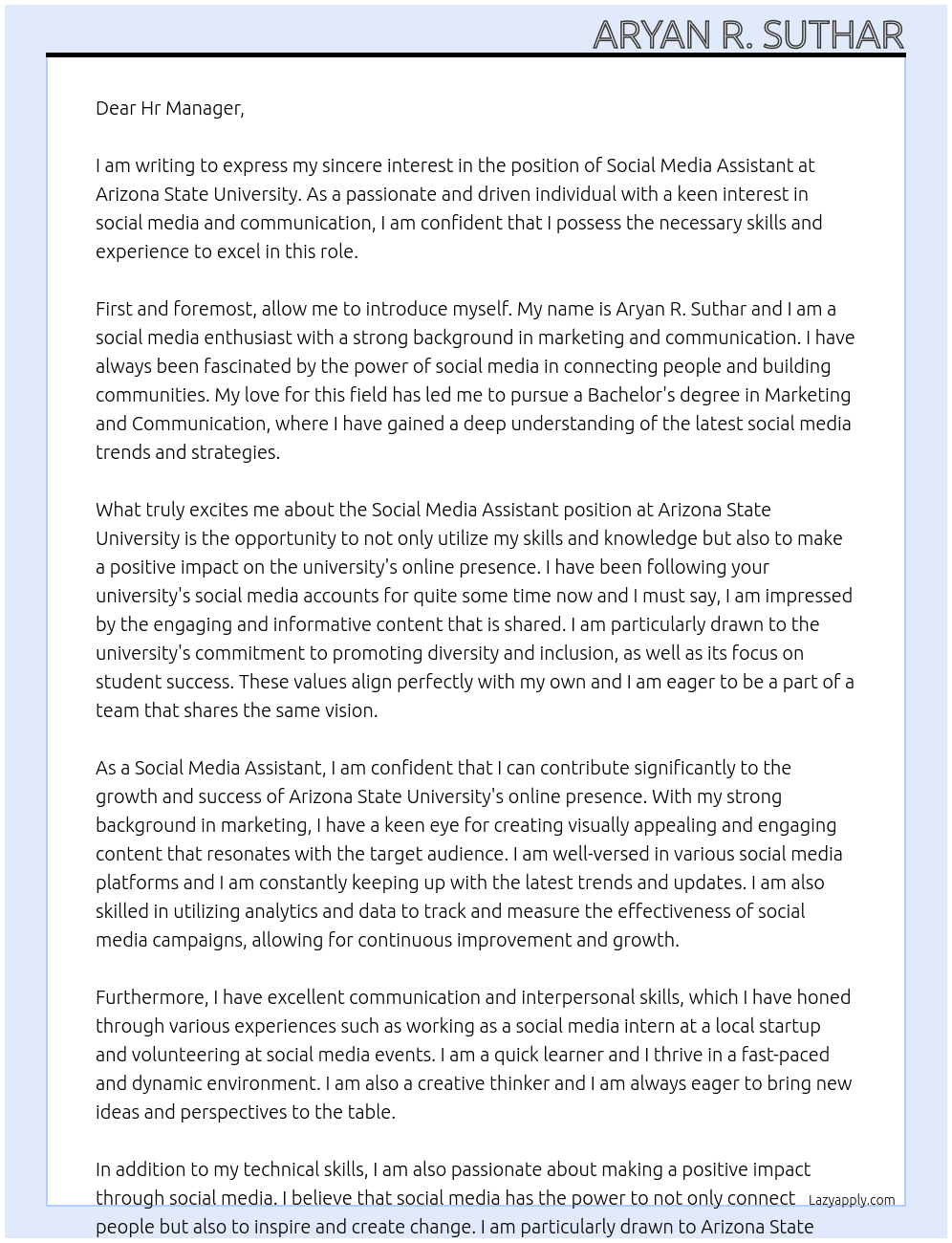 Social Media Assistant At Arizona State University Cover Letter