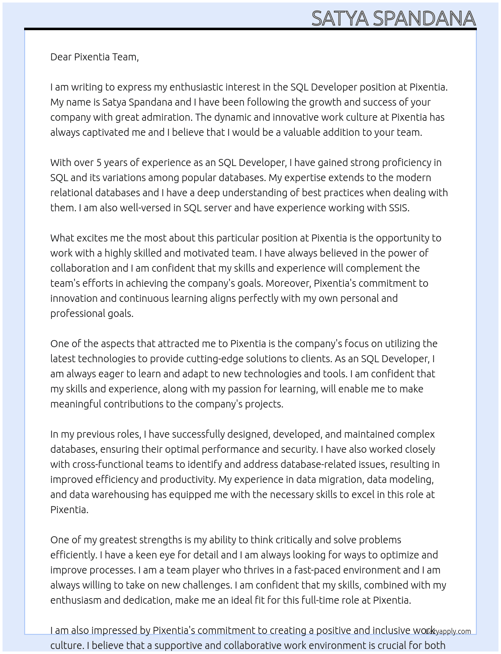 SQL DEVELOPER At pixentia Cover Letter