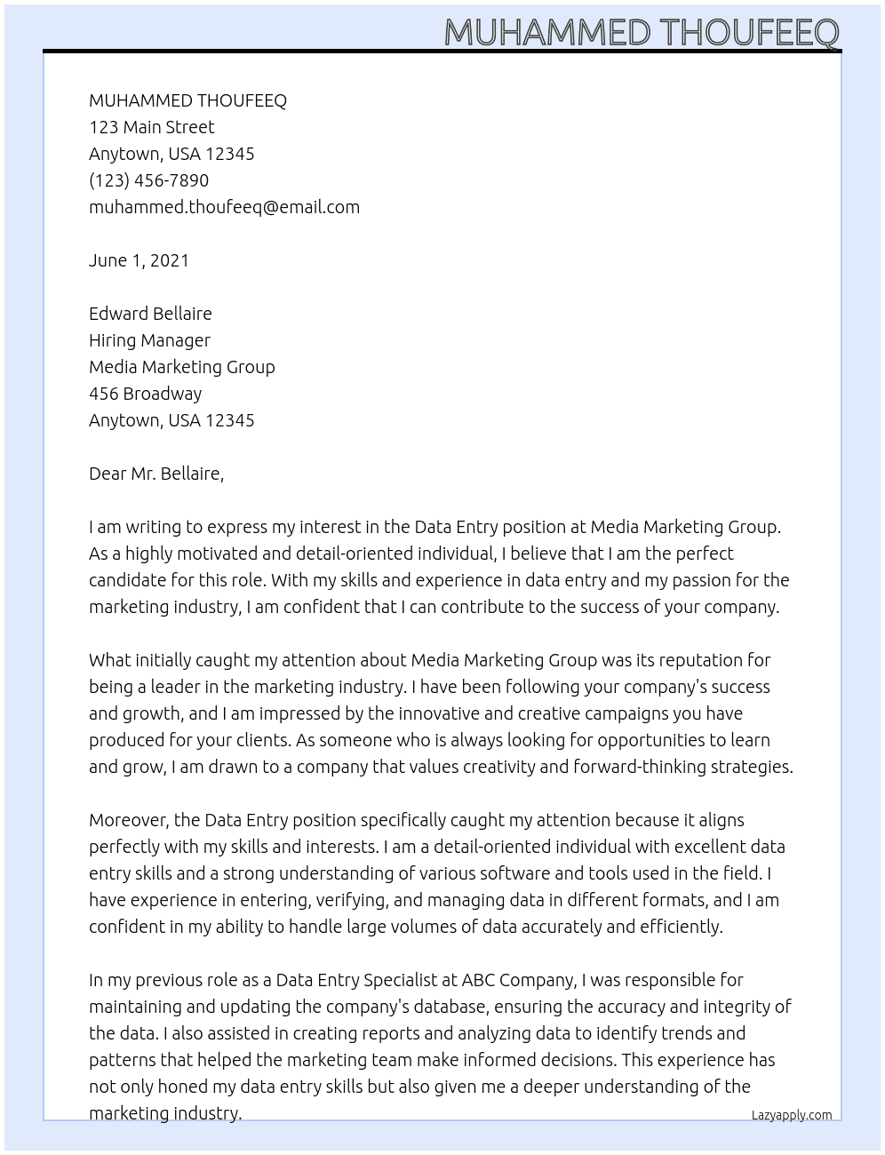 1. Data Entry  At media marketing group Cover Letter