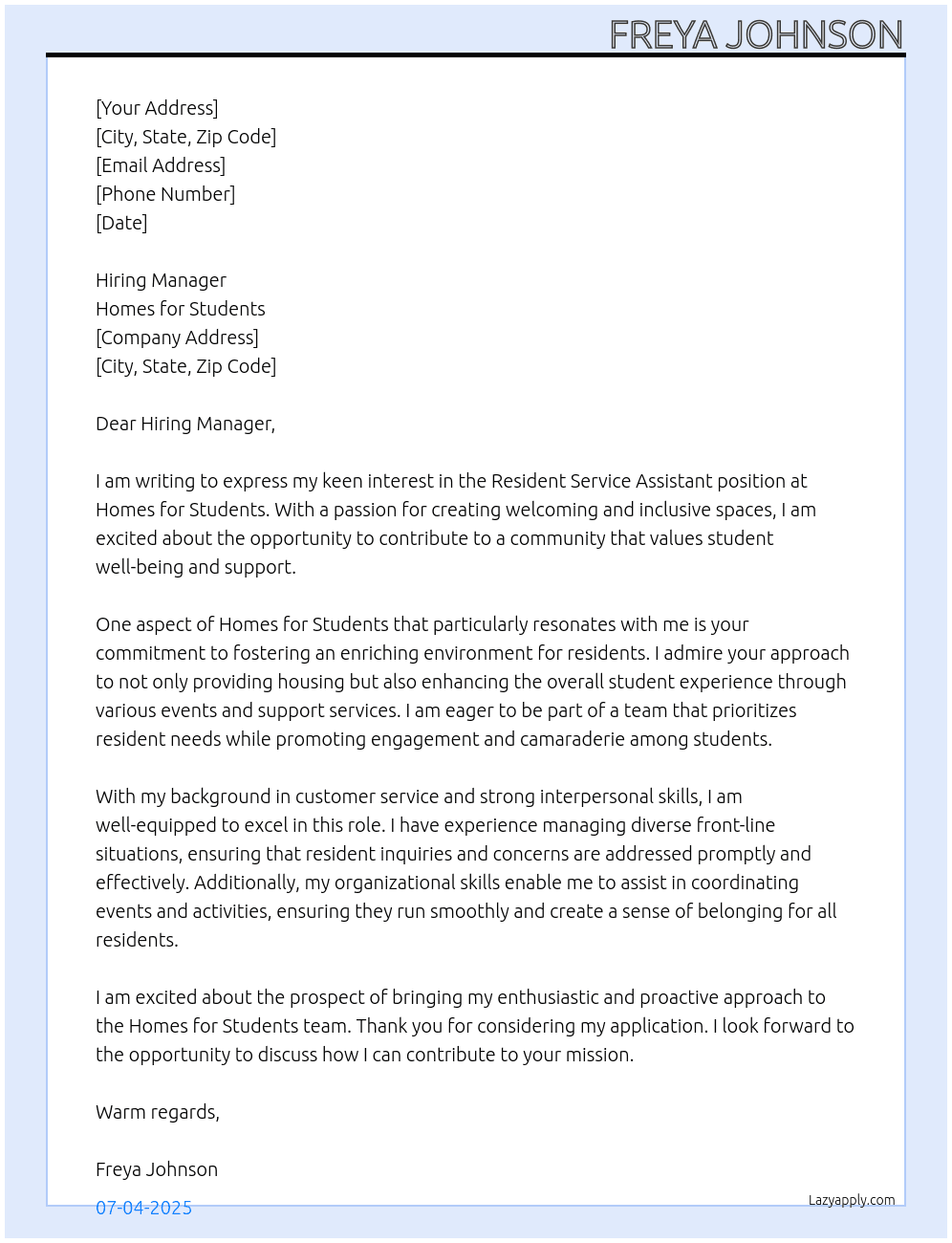 Resident service assistant  At Homes for Students  Cover Letter