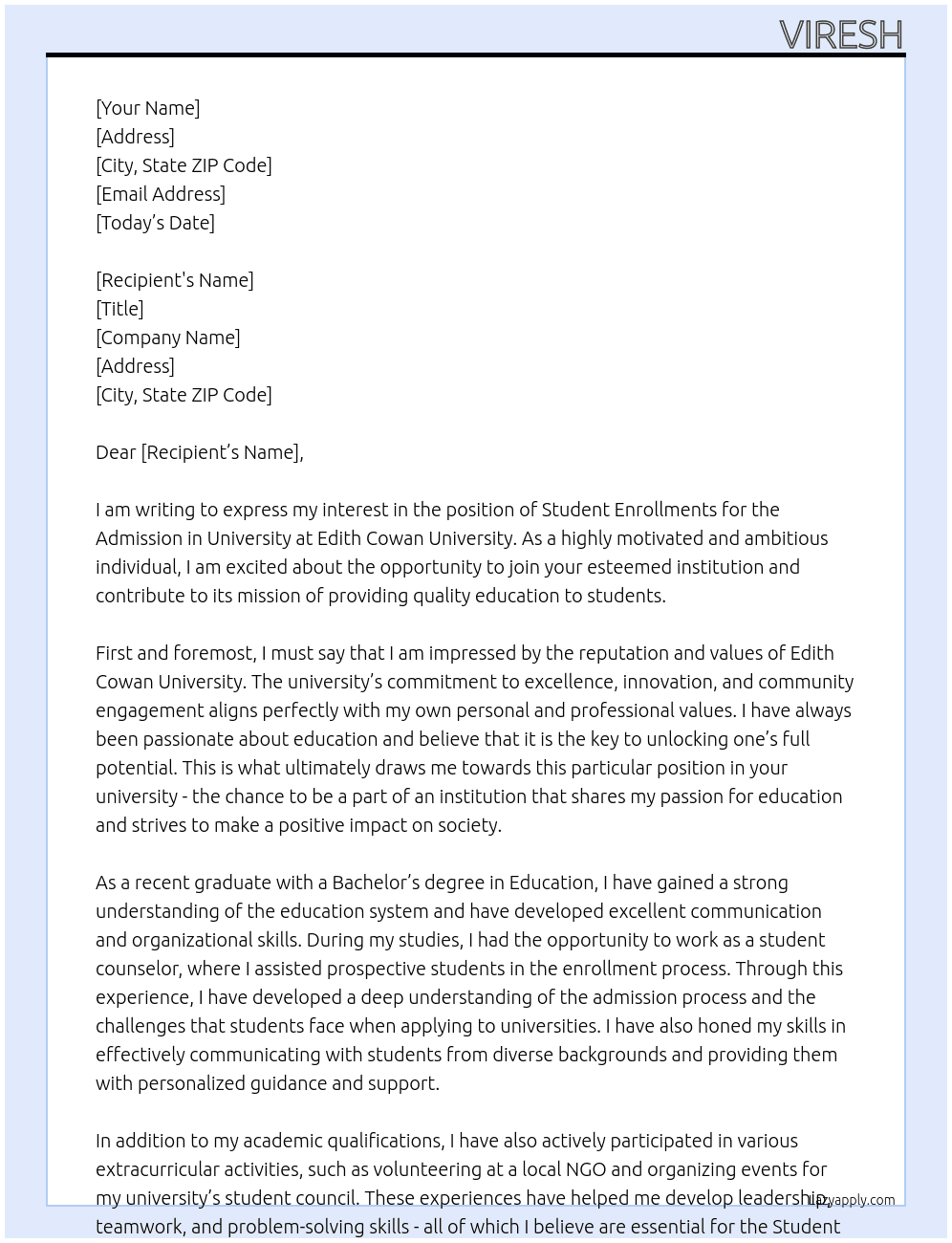Admission in Universtiy At Edith Cowan University Cover Letter