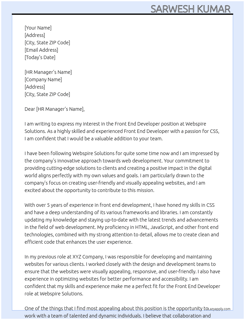 Front end developer  At Webspire Solutions  Cover Letter