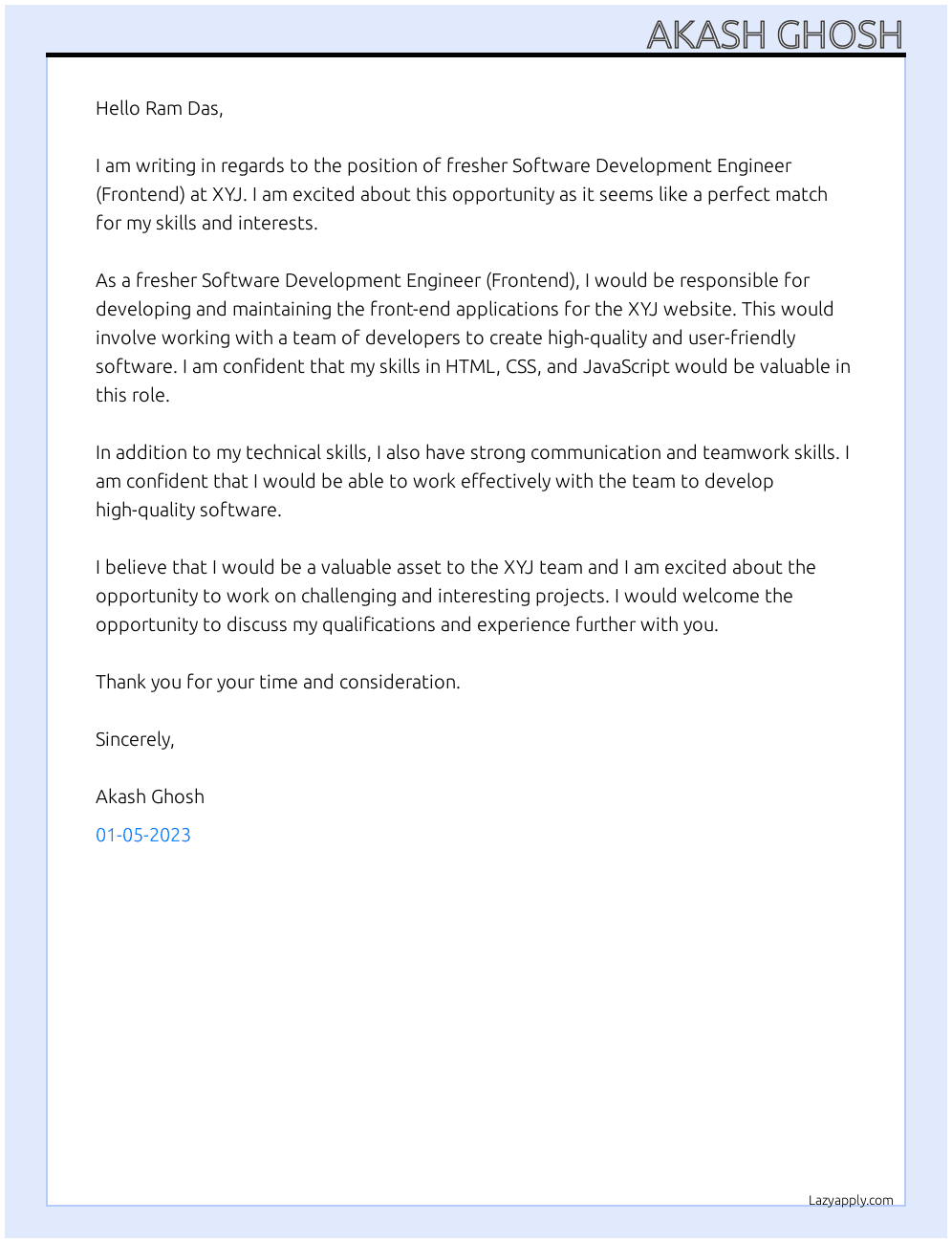 fresher Software Development Engineer (Frontend) At xyj Cover Letter