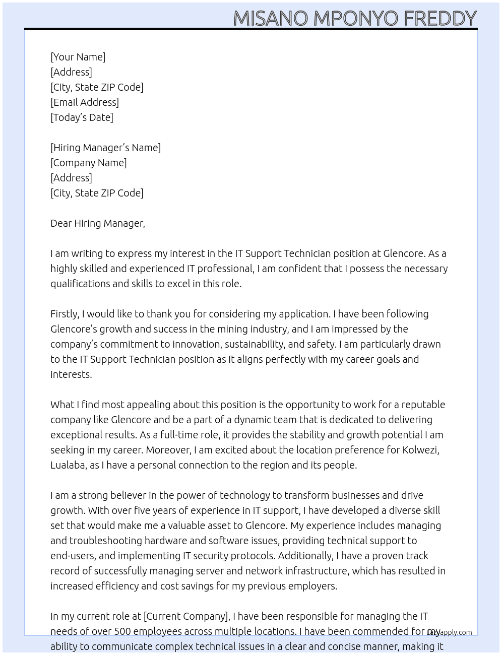 IT Support Technician At GLENCORE Cover Letter