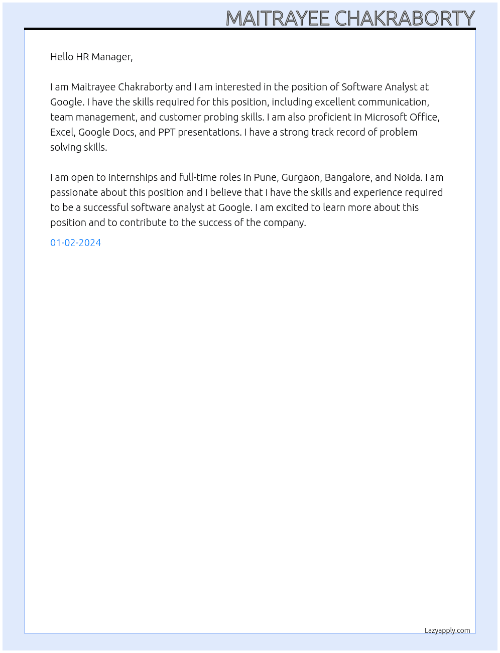 Software Analyst  At Google Cover Letter