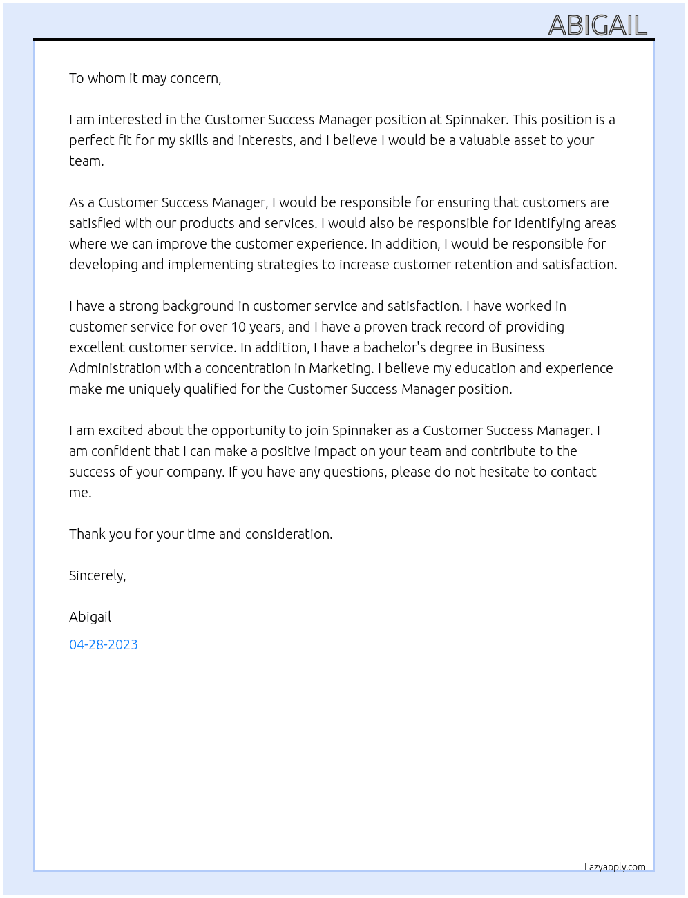Customer Success Manager At Spinnaker Cover Letter