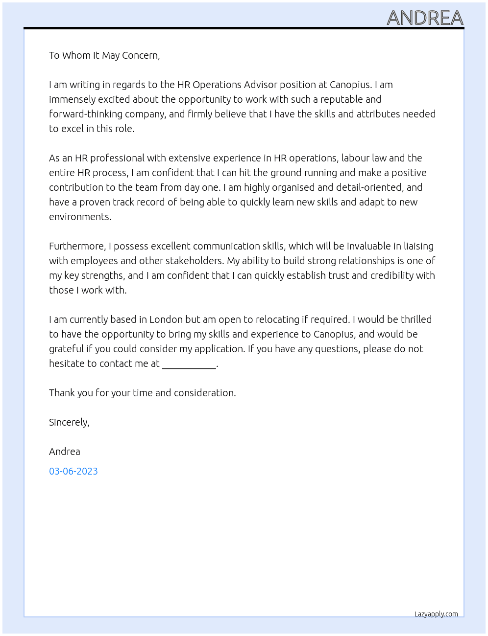 hr operations advisor At Canopius Cover Letter