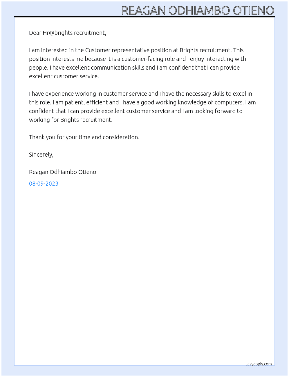 Customer representative  At Brights recruitment  Cover Letter