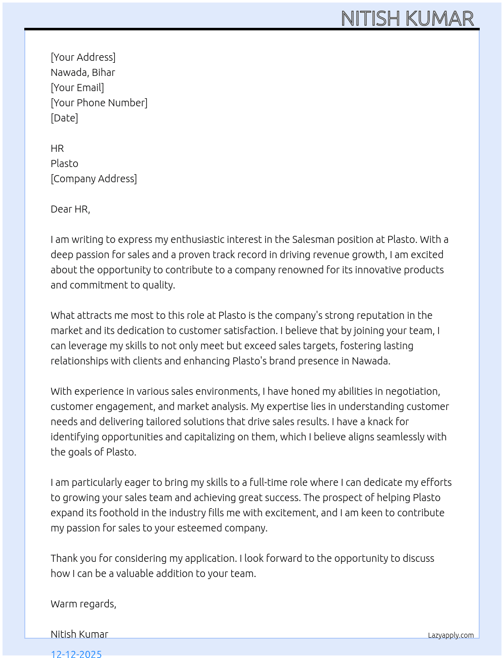 Cover letter for sales man - LazyApply