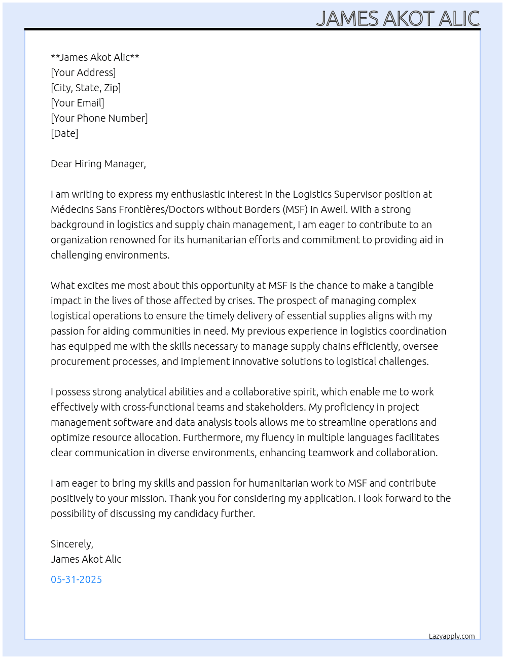 Cover letter for logistics supervisor-aweil - LazyApply