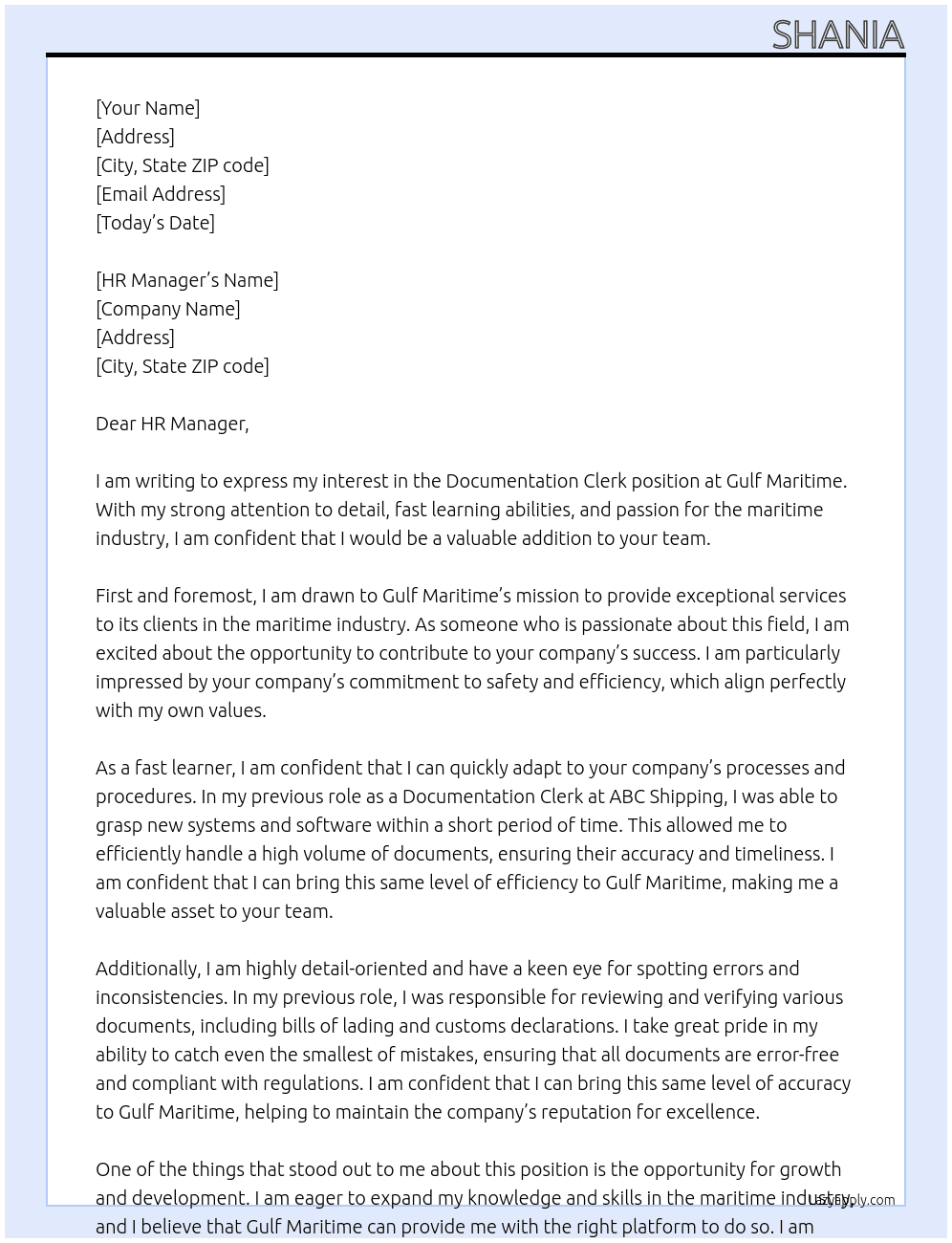 documentation clerk At gulf maritime Cover Letter