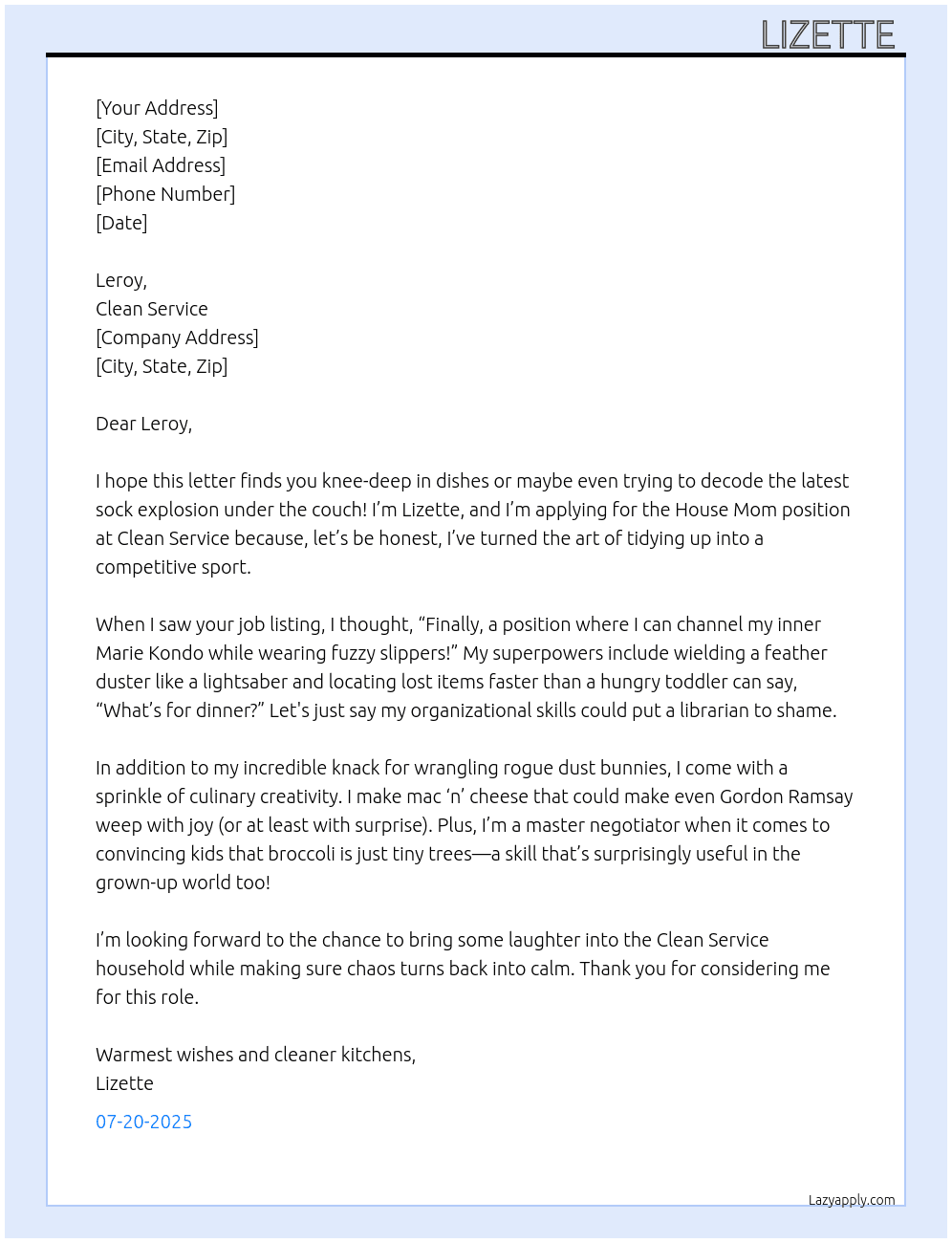 house mom At clean service  Cover Letter