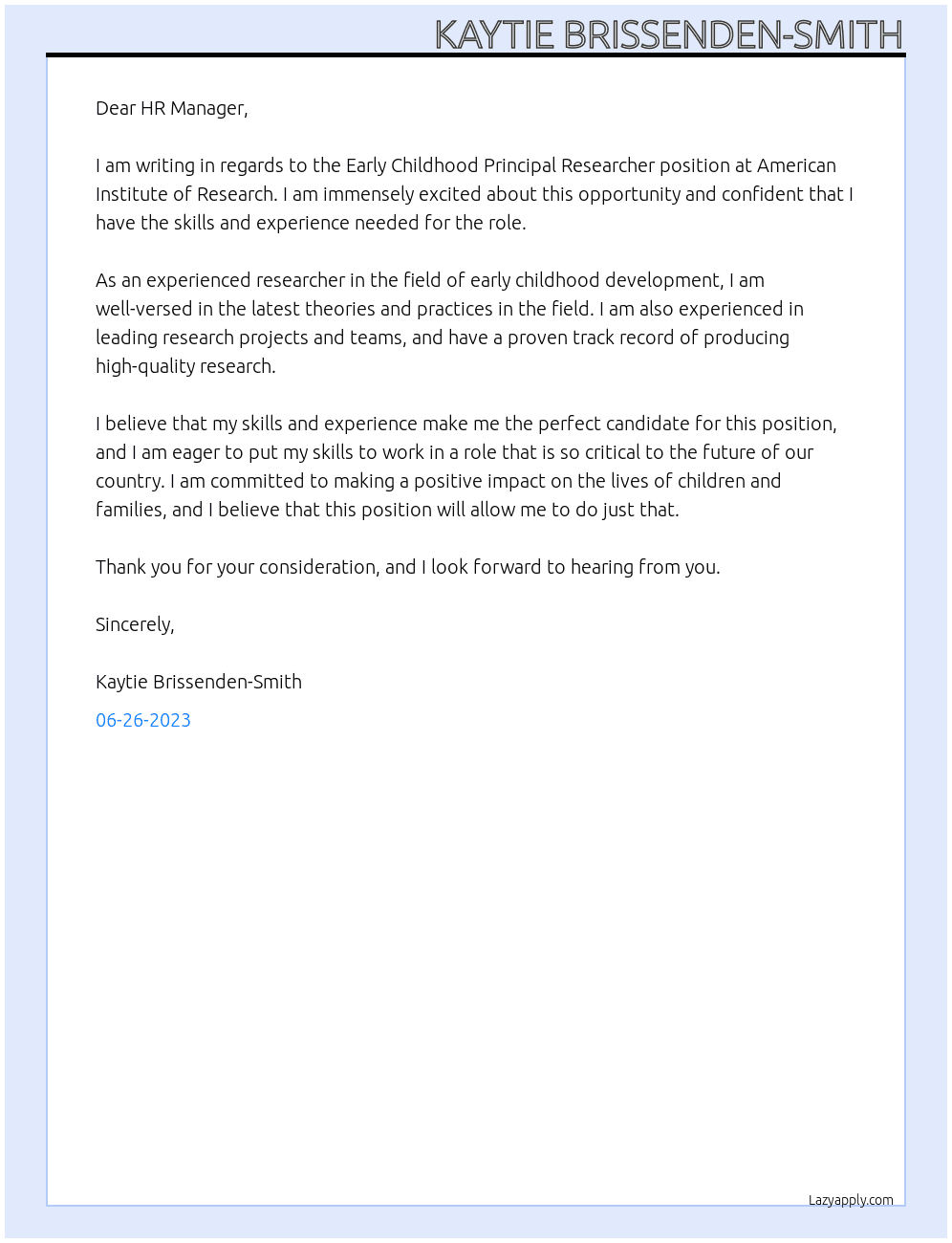 Early Childhood Principal Researcher At American Institute of Research  Cover Letter