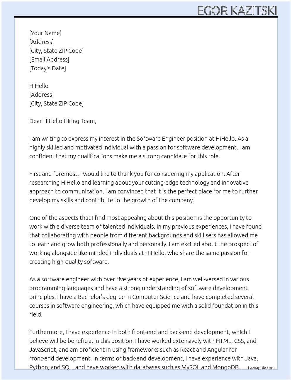 Software Engineer At HiHello Cover Letter