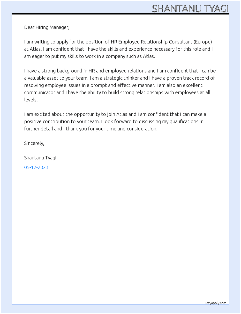 HR Employee Relationship Consultant (Europe) At Atlas Cover Letter