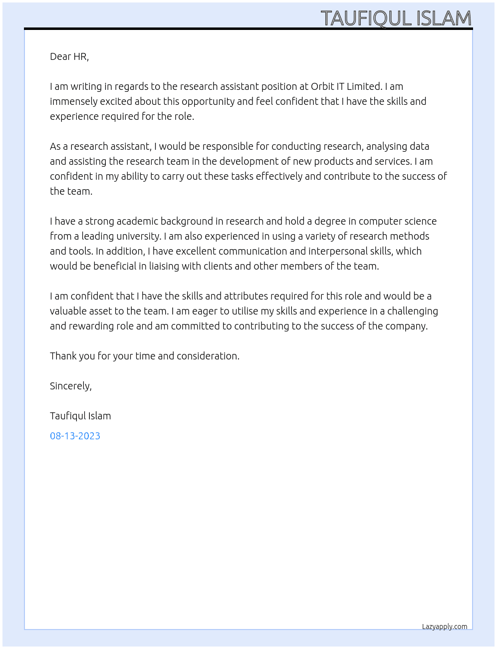 Research Assistant At Orbit IT Limited Cover Letter