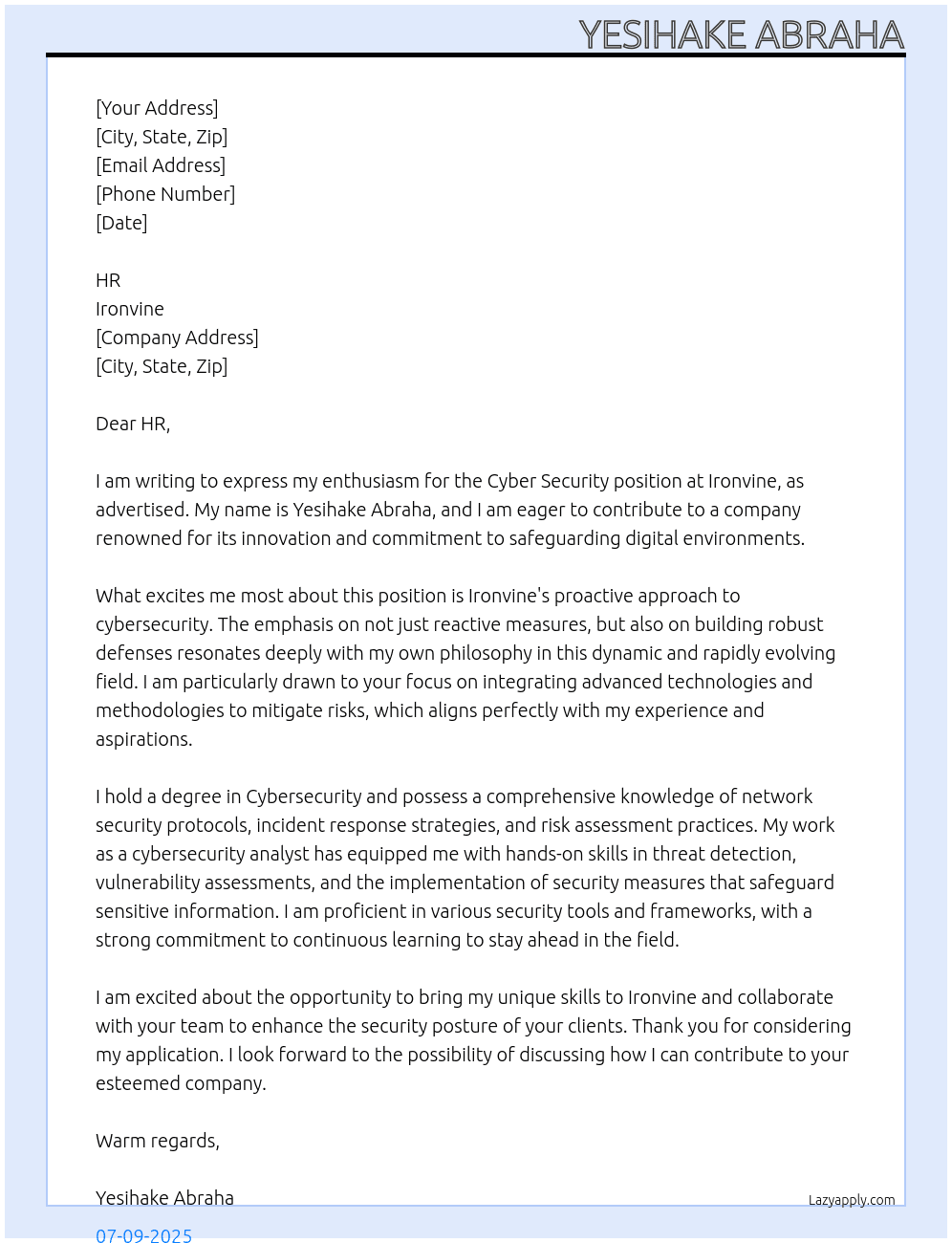 Cyber securtity At Ironvine Cover Letter